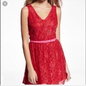 Express Red Lace Skater Dress Fit Flare V-Neck